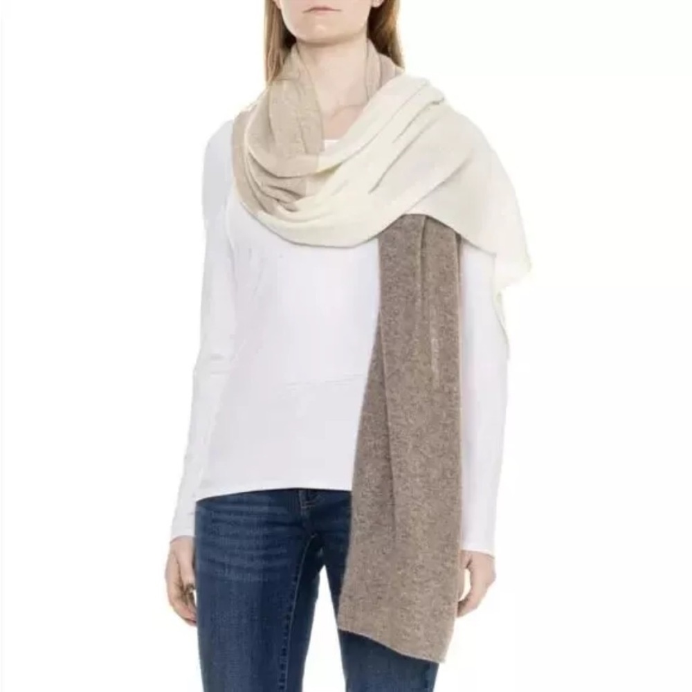 Tahari 100% Cashmere Cozy Cream and Taupe Oversized Scarf with Soft Texture